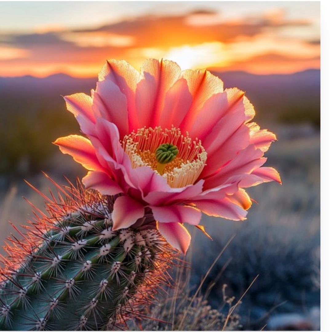 Vibrant pink cactus flower glowing against a Botswana sunset